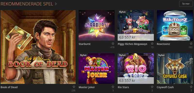 Storspelare - rekommenderade spel (Book of Dead, Master Joker, Starburst)
