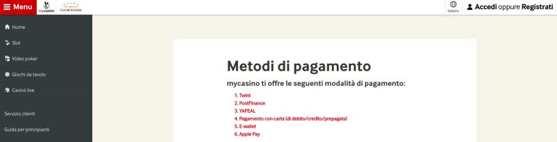 Mycasino - metodi di pagamento